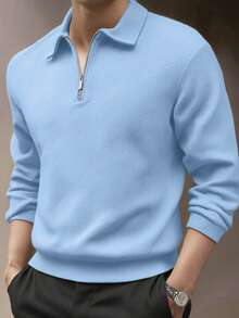男士休闲 Polo 衫，翻领拉链设计 | 人字纹提花针织，卫衣版型，度假及日常休闲必备单品，理想的情人节男友礼物（注：欧美尺码偏大，请根据您的体型选择小一码） - 淺藍色 - 查看 2