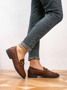 Giày lười đế bằng mũi tròn khóa kim loại cho nữ, giày đế bằng phong cách cổ điển ngoài trời, mùa xuân/thu - Cà phê nâu - Xem 4