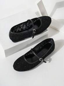 Women's Round Toe Mesh Ballet Flats, Embroidered Floral Design, Elegant Minimalist Breathable Retro Mary Jane Slip-On Style, Fashionable And Comfortable For Daily Wear