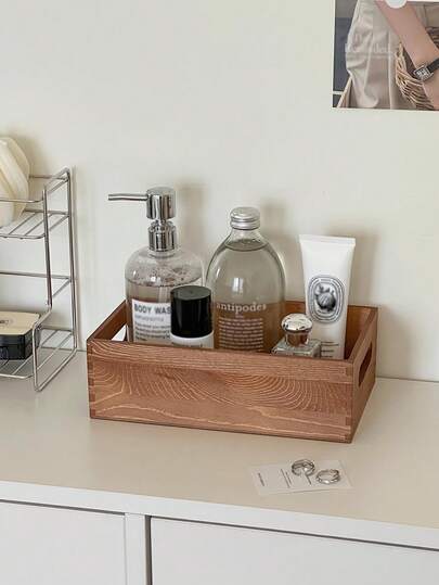 1pc Multifunctional Wooden Storage Basket, Desktop Organizer Box For Living Room, Skincare Products