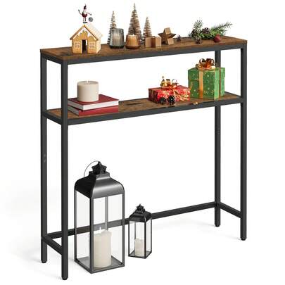 Console Table For Hallway, 2-Tier Slim Sofa Table, 20 X 80 X 80 Cm, Hallway Table With 2 Shelves, For Living Room, Bedroom, Rustic Brown And Ink Black
