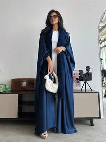 Middle Eastern Style Loose Solid Color Robe, Batwing Sleeve Headscarf, Arabic Long Robe - Dark Blue - View 3