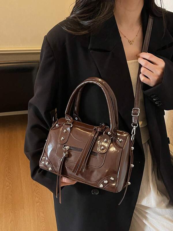 European & American Fashion Rivet Decor Large Capacity Pillow Bag, Racing, Bowling, Motorcycle Themed Shoulder Tote Bag For Women