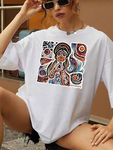 Camiseta de mujer con estampado de arte abstracto, camiseta gráfica de diseño único, top casual de manga corta para mujer, ropa diaria elegante y cómoda, camiseta de colores brillantes y patrón intrincado para la mujer moderna, camiseta de arte de gran tamaño - Blanco - Ver 1