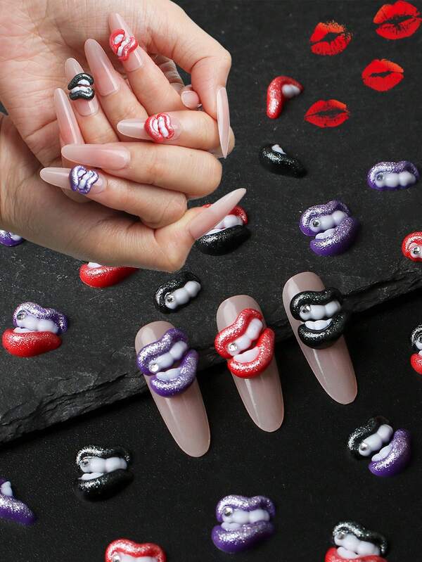 10 Pairs Halloween Lip Rhinestone Nail Art Decorations, Personalized Funny 3D Nail Stickers, Suitable For Nail Salons, DIY Crafts, Nail Art, Hair Accessories
