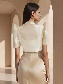 Amyenjoylife 女士现代菲律宾风格优雅刺绣花瓣袖露脐上衣，夏季款 - 香檳色 - 查看 2