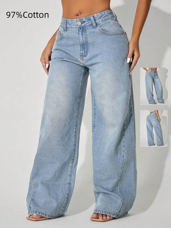 Calça jeans feminina casual azul, cintura baixa, perna larga, rasgada, bolso inclinado, curva, roupas de outono