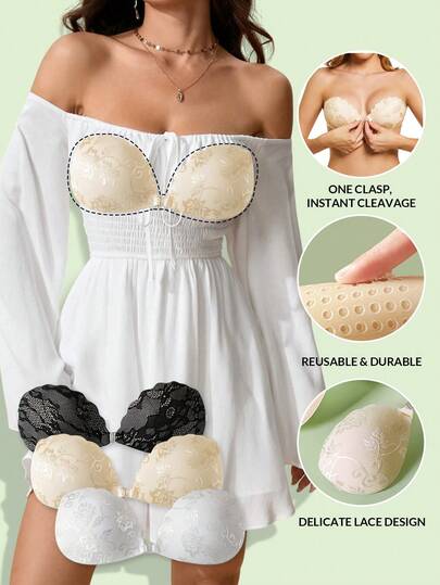 1-Piece Lace Invisible Push-Up Bra With Clear Straps - Strapless Self-Adhesive Lifting Bra, Reusable Backless Bra For Wedding Dresses And Evening Gowns