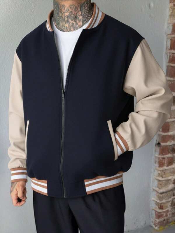 Men's Contrast Color Baseball Jacket, Fashionable Casual Outdoor Wear, Spring/Autumn, Suitable For Young Adults And Students