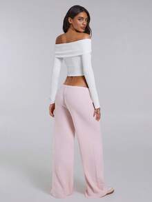 TypaGal Winter Fall Wild Pink Modern Chic New Year Party Retro Elegant Sexy Street Fall Women Clothes Low Rise Women's Casual Versatile Pink Wide Leg Knit Pants Pink Pants Wide Leg Pants,Fall Clothes For Women - Pink - View 4