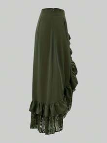 Gothic Style Lace Patchwork Ruffle Hem Solid Color Pirate Skirt - Olive Green - View 3