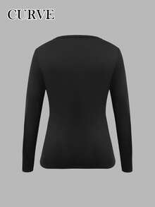 Women's Elegant Square Neck Half-Open Front Casual Fashion Black T-Shirt, Autumn/Winter