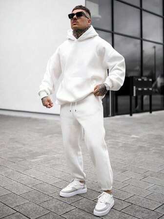 2pcs Men's Solid Color Hooded Sweatshirt And Sweatpants Set, Fall Clothes