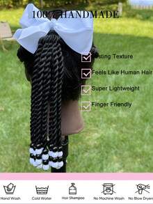 1pc Kids Ponytail With Beads Braids Hair Extension Detachable Synthetic Curly Hairpieces With Bows Protective For Girls Toddler - Natural Black - View 5