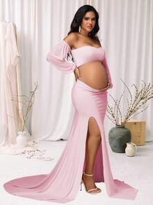 JustVH 2pcs Maternity Lantern Sleeve Tube Top & High Slit Maxi Dress, Suitable For Photo Shoot And Baby Shower