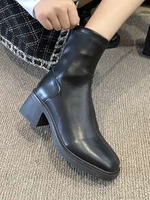 女士弹力靴，新款时尚粗高跟踝靴，通勤修身短靴 - 黑色 - 查看 3
