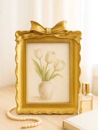 1PC Ribbon Design Photo Frame, Vintage Gold Or Black-Gold Picture Frame For Tabletop Or Shelf Display, Elegant Home Photo Holder (Two Colors Available)