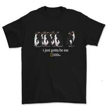 [100% Cotton] I Just Gotta Be Me National Geographic Penguin Print Shirt, Retro Streetwear Tropical, Casual Round Neck Short Sleeve Pullover Tops For - 黑色 - 查看 1