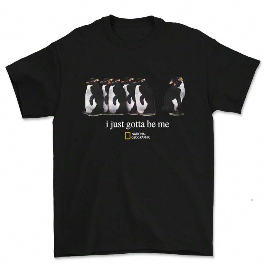 [100% Cotton] I Just Gotta Be Me National Geographic Penguin Print Shirt, Retro Streetwear Tropical, Casual Round Neck Short Sleeve Pullover Tops For - 黑色 - 查看 1