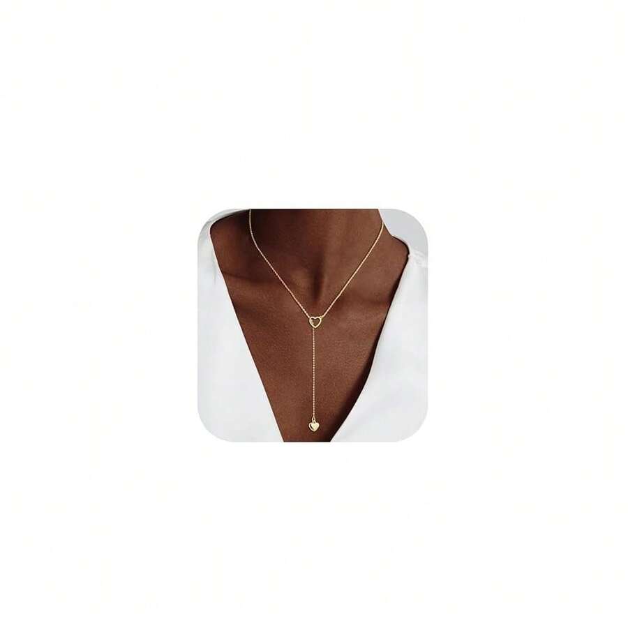 Luxval Lariat Gold Necklace For Women, Dainty Long Necklace 14k Gold Plated/Silver Y-Shaped Pendant Necklaces Beaded Chain Drop Necklaces Jewelry For Women Gifts{"Color_name":"Gold-DoubleHeart"} - 金雙心 - 查看 1