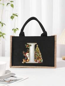 Men's Casual Tote Bag, Large Capacity Shopping Bag, Linen Beach Tote Bag Christmas Theme 26 Letter Print Commuter Tote Bag Yellow Linen Tote Bag, Shopping Bag With Gold Letter And Flower Print, Large Capacity Reusable Shopping Bag Laptop Bag Christmas Bags