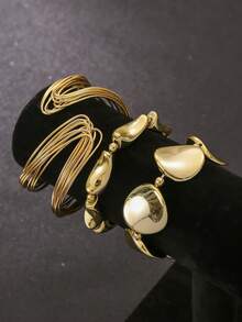 3 Peças Pulseiras Ajustáveis Abertas Empilhadas em Camadas, Pulseiras de Corda Elástica com Contas Torcidas Redondas em Material CCB, Acessórios Elegantes para as Mãos para Uso Diário - Dourado - Visão 4