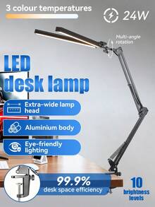 24W LED 雙頭護眼檯燈，無段調光 3 色溫，夾式安裝，長臂 38cm，USB 供電，縫紉建築閱讀燈，適用於辦公桌/電腦桌/圖書館/學校/臥室/書房/實驗室/電腦室/桌面/教室/直播室/成衣室/裁剪室/床頭/網咖/客廳 - 黑色(夾具式安裝) - 查看 2