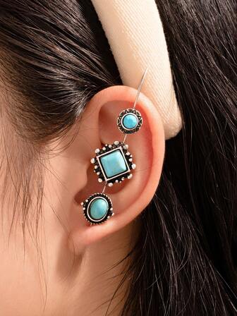 1 件西方古董银绿松石长针耳钉耳环女款