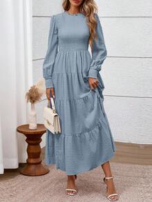 Women's Long Sleeve Maxi Dresses Fall Casual Smocked Trim Neck Swiss Dot Tiered Flowy Wedding Guest Dress - Xám Xanh - Xem 5