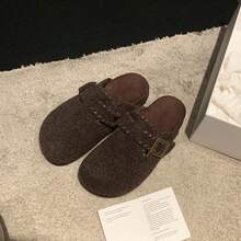 Chaussures pour femmes avec boucle chaude, semelle épaisse, chaussures en laine , pantoufles à bout fermé, vêtements d'extérieur pour femmes automne hiver - Gruau - Voir 4