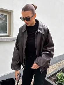 HH Damen Herbst Kunstleder braune Bomberjacke mit Kragen, Saum Raffungen, Reißverschluss Jacke für die Straße