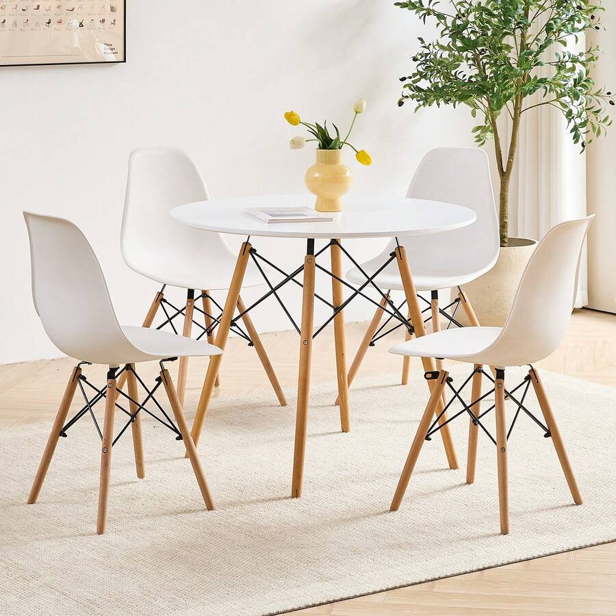 5 Piece 31.5'' Round Dining Table Set For 4, Kitchen Table & Chairs Set Of 4, Mid-Century Modern Table W/ 4 Chairs For Home, Living Room, Apartment, Wood Legs, Metal Frame - 白色 - 查看 1