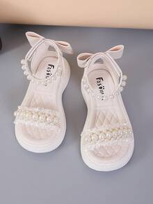 1 Pair Girls Lace Bow Decor Princess Style Flat Sandals With Open Toe, Comfortable For Summer Event - Beige - View 2