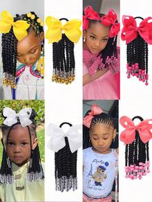 1 pieza Peluca de coleta trenzada con cuentas y lazo para niñas, estilo trenzado con clip, adecuado para niñas - Negro natural - Ver 2