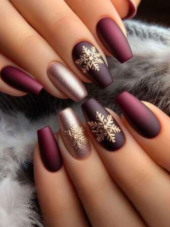 24Pcs Matte Burgundy & Metallic Golden Snowflake Nail Art, Winter Christmas Press On Nails For Women, Festive Fake Nails With 3D Snowflake Design