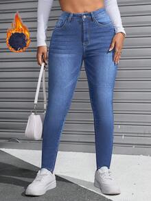 女士冬季休闲高弹水洗牛仔修身长裤，加厚保暖内里，冬季穿着舒适 - 中等水洗藍 - 查看 4