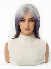 14-Inch Short Mullet Head Wigs With Bangs Synthetic Straight Women Purple Short Hair Wig For Daily Party Cosplay Pixie Cut Wigs For Women With Shaggy Layers And Bangs, Natural Straight Hair, Retro Cosplay Wigs Suitable For Multiple Occasions Universal Fit Perfect For Halloween Suitable For All People - Màu tím ombre - Xem 3
