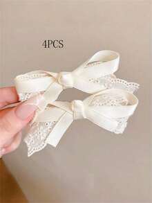 2/4/10pcs Set Beige Lace Bow Hair Clips, Vintage Elegant Alligator Clip, Gentle Bangs Side Clip, Girls Hair Accessories - 2pcs - View 10
