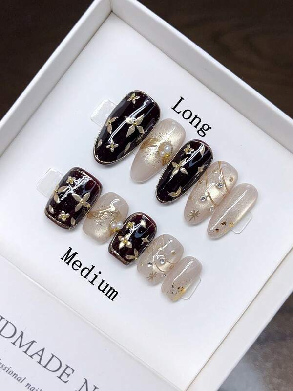 10 piezas de uñas postizas hechas a mano, disponibles en 2 opciones de uñas; uñas postizas, uñas acrílicas postizas para el otoño, uñas postizas hechas a mano DIY