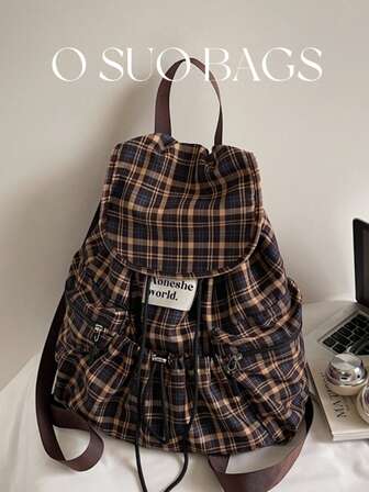 1 件时尚格子多口袋尼龙休闲背包，防水轻便可折叠抽绳贴片字母旅行包