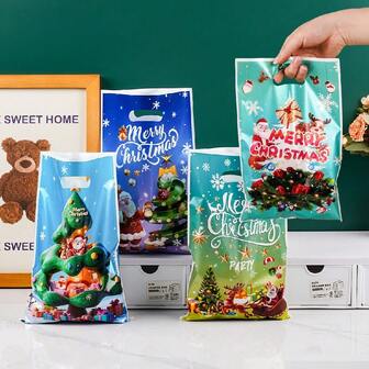 50pcs/Pack Christmas Pearlescent Film Gift Bags, Plastic Tote Bags For Returning Gifts, Thickened And Durable With Excellent Load-Bearing Capacity, Suitable For Packaging Candy And Cookies, Christmas Eve Gifts, Christmas Party Return Gifts, Company Holiday Benefits, Ideal For Housewives, Party Planners, Gift Shops, And Company Purchasing Staff (Random Style)
