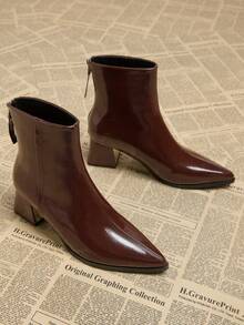2025秋季新款女士优雅简约棕色短靴，粗跟低跟尖头鞋，踝靴，秋冬季百搭时尚踝靴 - 酒紅色 - 查看 4