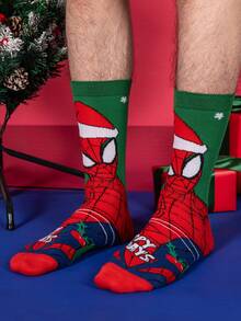 Marvel 2双装圣诞蜘蛛侠超级英雄新年礼物袜子，卡通圣诞老人帽新年动漫男士袜子，趣味角色英雄袜子，漫威袜子 - 彩色 - 查看 3
