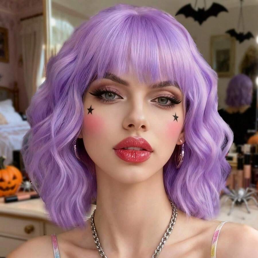DDPurple Wig With Bangs Short Purple Bob Wigs For Women 14 Inch Lavender Purple Wavy Curly Wigs Short Bob Synthetic Wigs Shoulder Length Colorful Cosplay Wig For  Halloween Party Costume Daily - màu tím nhạt - Xem 1