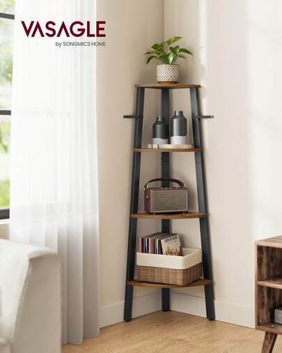 Corner Shelf, 4-Tier Industrial Storage Rack, Ladder Bookcase, Organiser Unit For Home, Living Room, Bedroom, Balcony, Rustic Brown And Black