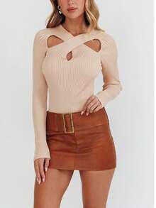 Womens Knit Tops Fall Long Sleeve V Neck Solid Color Cross Hollow Out Slim Fit Sweater - Dusty Pink - View 2