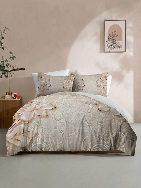 3pcs Duvet Cover Set (1*Duvet Cover + 2*Pillowcase, Without Core), 3D Floral Pattern Polyester Bedding Set, Soft Comfortable And Breathable Duvet Cover, For Bedroom, Guest Room