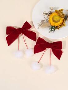 2PCS Bow Hair Clip For Girls, White Fur Ball Tassel Hair Bows Duckbill Clip For Children's Hair Accessories, Suitable For Giving Gifts In Autumn&Winter And New Year Hair Accessories - Multicolor - View 7