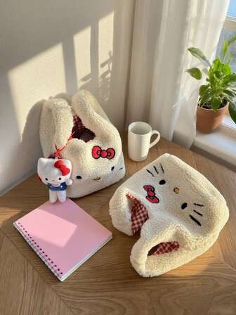 Sanrio Winter Soft Embroidered Lamb Wool Small Handbag, Cute Kitty Tote Bag, Miscellaneous Storage Bag, Commuting Storage Bag