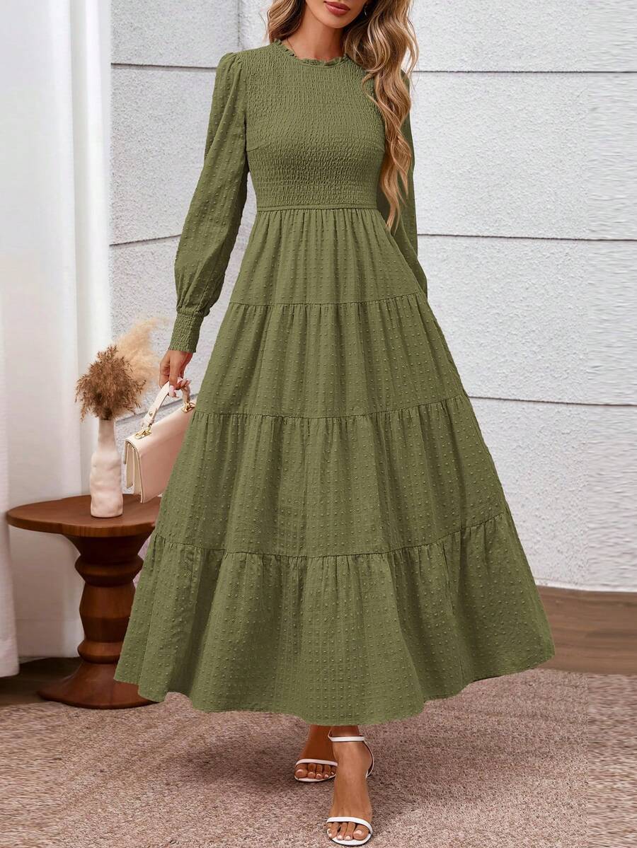 Women's Long Sleeve Maxi Dresses Fall Casual Smocked Trim Neck Swiss Dot Tiered Flowy Wedding Guest Dress - 軍綠色 - 查看 1